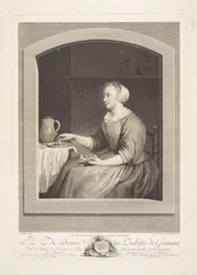 Una donna olandese che fa colazione, vista attraverso una finestra