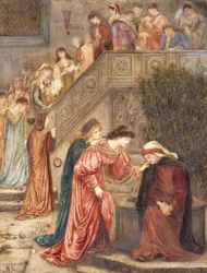 Alcune dame della sua compagnia si radunarono con Beatrice quando rimase sola nel suo pianto, e mentre passavano dentro e fuori, le sentivo parlare di lei.