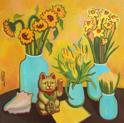 Fiori felici e gatto portafortuna