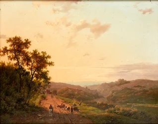 Pastori e il loro bestiame su una strada di campagna, con paesaggio lontano