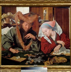 Il cambiavalute e sua moglie. Una coppia di prestatori di denaro conta e pesa denaro. Dipinto di Marinus Claeszoon van Reymerswaele (1493-1567), 1538, Madrid, Museo del Prado