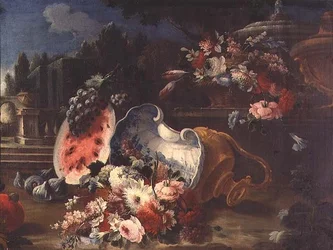 Natura morta, fiori misti e frutta vicino a una fontana