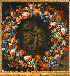 Corona di fiori con, al centro, una scena biblica