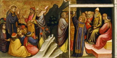 Pannello della predella: Santo Stefano davanti al Sommo Sacerdote e agli Anziani del Sinedrio