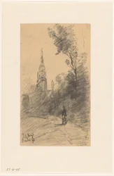 Cavaliere e paesaggio con alberi e figure