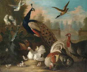 Un pavone e altri uccelli in un paesaggio ornamentale