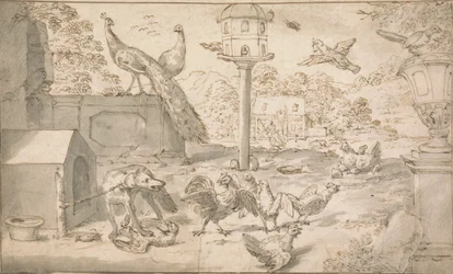 Paesaggio con uccelli e cane