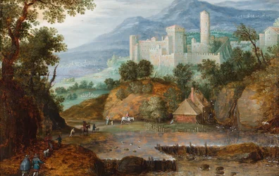 Paesaggio montano con viaggiatori che si avvicinano a un edificio castellano con torre rotonda (olio su tavola)