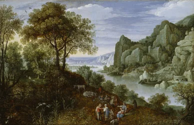 Paesaggio fluviale con miniera, 1620-29