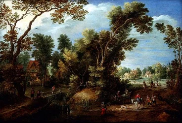 Paesaggio fluviale boscoso con figure