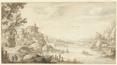 Paesaggio collinare con una cappella rotonda sulle rive di un fiume