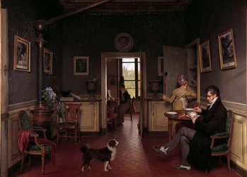 Una vista interna di una sala da pranzo nel 1815 Un uomo in pantofole fa colazione sotto gli occhi del cane