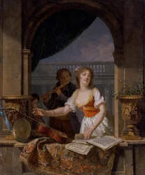 Una giovane donna che raggiunge una chitarra a una finestra di pietra e un ragazzo che suona il flauto oltre