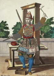 Produttore di carte colorate, incisione da Assemblage des nouveau manouvries habilles di Martin Engelbrecht, Germania