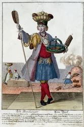 Mestiere: Un fornaio. Incisione di Martin Engelbrecht (1684-1756), in "Nuova assemblea delle manovre vestite" XVIII secolo, Germania. Parigi, Arti Decorative