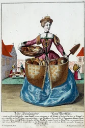 Mestiere: Un fornaio. Incisione di Martin Engelbrecht (1684-1756), in "Nuova assemblea delle manovre vestite" XVIII secolo, Germania. Parigi, Arti Decorative