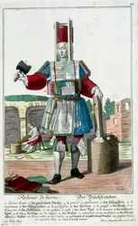 Mestiere: Un rilegatore. Incisione di Martin Engelbrecht (1684-1756), in "Nuova assemblea delle manovre vestite" XVIII secolo, Germania. Parigi, Arti Decorative