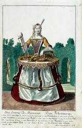 Mestiere: La moglie di un falegname. Incisione di Martin Engelbrecht (1684-1756), in "Nuovo assemblaggio delle manovre vestite" XVIII secolo, Germania. Parigi, Arti Decorative