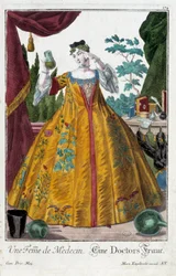 Mestiere: La moglie di un dottore. Incisione di Martin Engelbrecht (1684-1756), in "Nuova assemblea delle manovre vestite" XVIII secolo, Germania. Parigi, Arti Decorative
