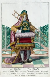 Mestiere: un tappezziere. Incisione di Martin Engelbrecht (1684-1756), in "Nuovo assemblaggio delle manovre vestite" XVIII secolo, Germania. Parigi, Arti Decorative