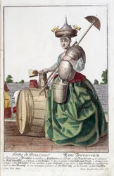 Rappresentazione della moglie di un birraio, con un imbuto sulla testa, un sacco di grano, una ciotola, un secchio, una botte di birra. Incisione di Martin Engelbrecht