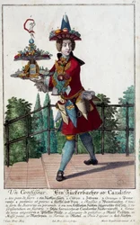Il pasticcere: un giovane che tiene un vassoio di dolci e confetteria