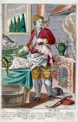 Il cuoco. Incisione di Martin Engelbrecht (1684-1756), in "Nuova raccolta delle manovre vestite" XVIII secolo, Germania. Parigi, Arti Decorative