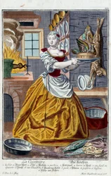Il cuoco. Incisione di Martin Engelbrecht (1684-1756), in "Nuova assemblea delle manovre vestite" XVIII secolo, Germania. Parigi, Arti Decorative