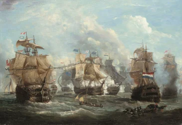 La nave ammiraglia inglese Venerable ingaggia la nave ammiraglia olandese Vrijheid nella battaglia di Camperdown