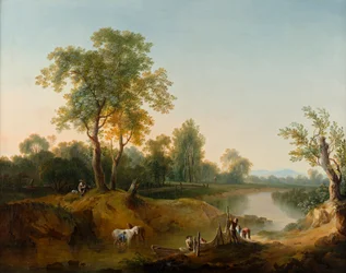Cavalieri e pescatori in un paesaggio fluviale