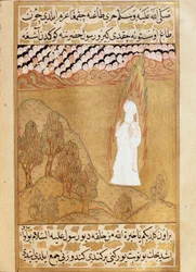 Islam: Rappresentazione del profeta Muhammad (Mohammed o Muhammad) (570-632) (volto coperto) sul monte Hira mentre riceve una visione. Miniatura tratta dal poema epico "Siyer-i Nebi" (Siyer i Nebi), che racconta la vita del profeta Muhammad, scritto da