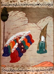Rappresentazione del profeta Maometto (570-632) (volto coperto) che predica ai membri della tribù di Abd al-Muttalib. Miniatura tratta da 