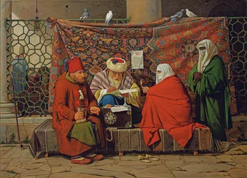 Un notaio turco che redige un contratto di matrimonio davanti alla Moschea Kilic Ali Pasha, Tophane, Costantinopoli