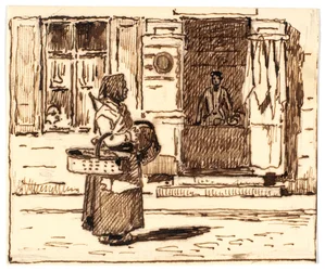 Scena di strada italiana (?) con donna con cesti