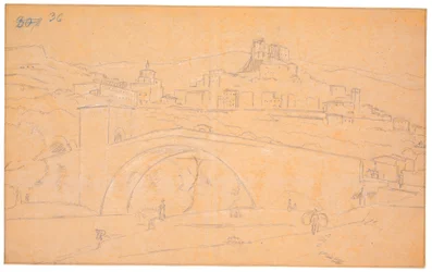 Paesaggio italiano con un ponte su un fiume e la città di Subiaco sullo sfondo