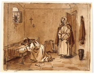 Studio di composizione con una donna che piange in ginocchio, sul pavimento una lettera, dietro di lei una suora