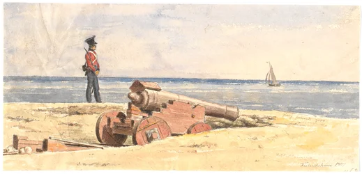 Sentinella e cannone sulla spiaggia di Frederikshavn