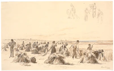 Lavoratori del raccolto nei campi. Sullo sfondo mulini e mare