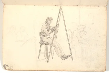 Artista al cavalletto, con schizzi di figure sullo sfondo