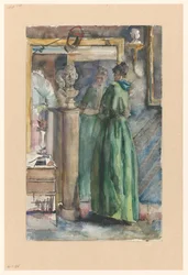 Signora in abito verde davanti a uno specchio