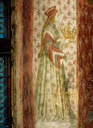 Margarete Maultasch, contessa del Tirolo, in un dipinto murale nella feritoia di una finestra della camera da bagno del castello di Runkelstein, in Alto Adige... (dipinto murale)
