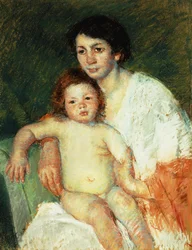 Bambino nudo in grembo alla madre che appoggia il braccio destro sullo schienale della sedia, 1913