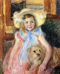 Sara con un grande cappello fiorito, guardando a destra, tenendo il suo cane, c.1901