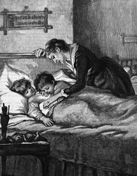 Una madre che controlla i suoi bambini addormentati