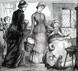 Una donna che dona regali a un povero contadino