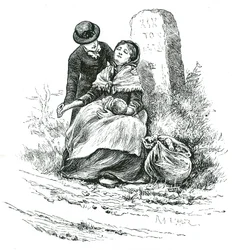 Una madre nubile indigente trovata esausta sulla strada per il ricovero con il suo bambino. Scena che ricorda un romanzo di Thomas Hardy ma non rara nelle aree rurali di tutto il paese. Illustrazione di Mary Ellen Edwards c1881