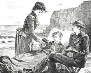 Incisione che raffigura un ragazzo storpio al mare