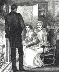 Incisione che raffigura due donne che si scaldano accanto al caminetto