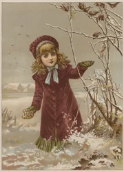 Ragazza che porta pane per nutrire gli uccelli nella neve