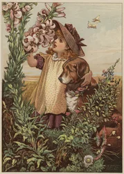 Ragazza con cane che annusa i fiori